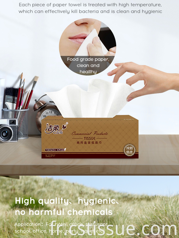 Qualité de gros pas facile à casser 3ply 100 feuilles de papier de mouchoirs pour le visage